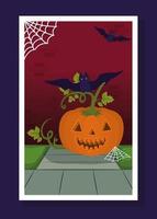 halloween season card with pumpkin and bats flying vector