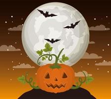 halloween season card with pumpkin in dark night scene vector