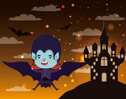 halloween season scene with kid in a vampire costume vector