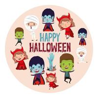 circle with set of little kids in costumes characters vector