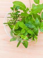 Fresh herbs in a glass bowl top view photo