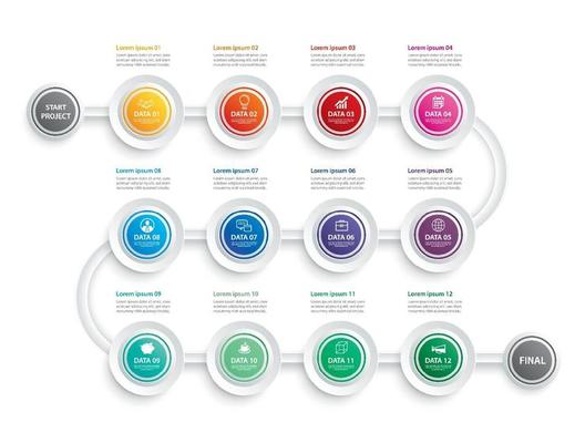 Infographic timeline 1 year or 12 month data template business concept set