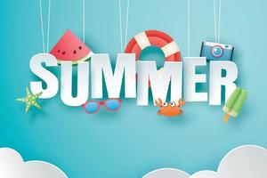 Hello summer with decoration origami hanging on blue sky background vector