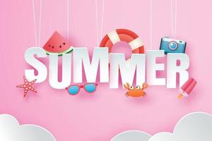 hola verano con decoración origami colgando sobre fondo de cielo rosa vector