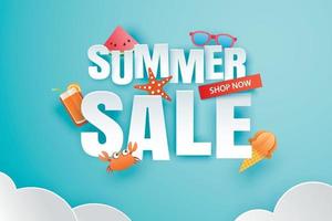 Summer sale with decoration origami on blue sky background vector