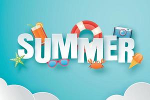 Hello summer with decoration origami on blue sky background vector