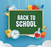 Back to school banner with education items and green chalkboard vector