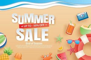 Summer sale with decoration origami on beach background