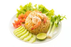 Fried rice with shrimp and prawn on white plate photo