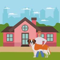 Hombre joven con mascota perro lindo en la casa al aire libre vector
