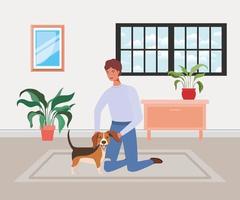 young man with cute dog mascot in the house room vector