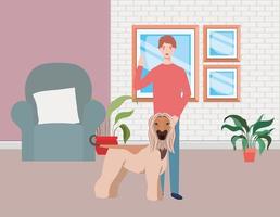 young man with cute dog mascot in the livingroom vector