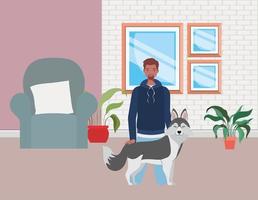 young man with cute dog mascot in livingroom vector