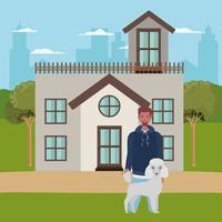 young man with cute dog mascot in the outdoor house vector