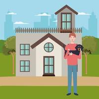 man lifting dog mascot in the outdoor house vector