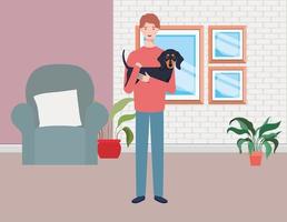 young man with cute dog mascot in the livingroom vector