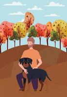 young man with cute dog mascot in the autumn camp vector