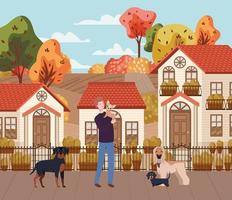 young man with cute dogs mascots in the autumn city scene vector