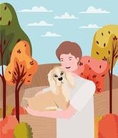 young man with cute dog mascot in the autumn camp vector