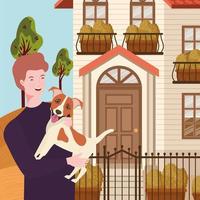 young man with cute dog mascot in the autumn city scene vector