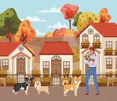 young man with cute dogs outdoors vector