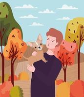 young man with cute dog outdoors vector