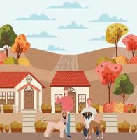 young men with cute dogs outdoors vector