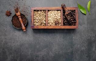 Box of roasted coffee with coffee grounds photo