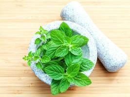 Top view of peppermint in a mortar with pestle photo