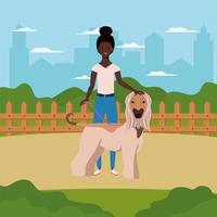 young afro woman with cute dog in the field vector
