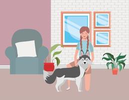 young woman with cute dog in the house room vector