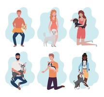 young people with cute dogs mascots characters vector