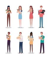 young people with cute dogs mascots characters vector