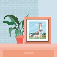picture of woman with cute dog in the field vector