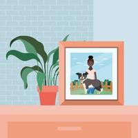 picture of afro woman with cute dog in the field vector