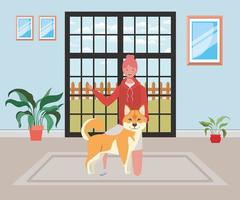 young woman with cute dog in the house room vector