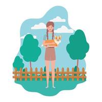 young woman with cute dog in the field vector