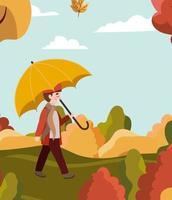 niño en el parque con paraguas, escena de otoño vector