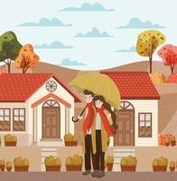 pareja caminando al aire libre, escena de otoño vector