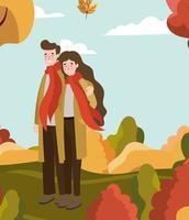 pareja caminando al aire libre, escena de otoño vector