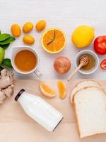 Fresh fruit and ingredients for breakfast photo