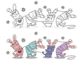 Bunny cats tangled in string, coloring page for kids vector