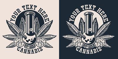 Set vector illustrations with a hemp leaf, seed hemp, bong