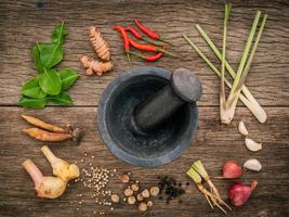 Spices and herbs around a mortar photo