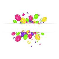 Blank banner with color balloons and confetti. Vector festive background. Happy birthday concept