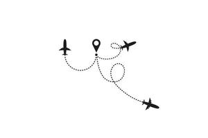 Tourism and travel concept. Airplane line path on white background. Vector icon of air plane flight route with dash line trace, start point and transfer point. Vector illustration