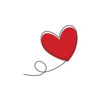 Heart shaped balloon in continuous drawing lines and red heart in a flat style in continuous drawing lines. vector