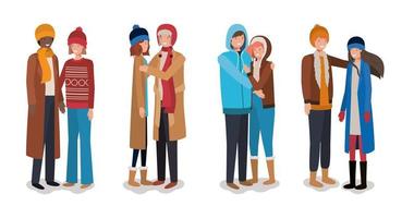 young couples with winter clothes characters vector