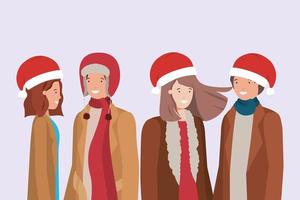 young couples with winter clothes characters vector