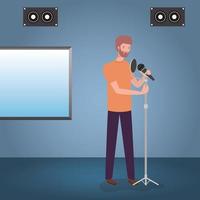 man singing with microphone in recording studio vector